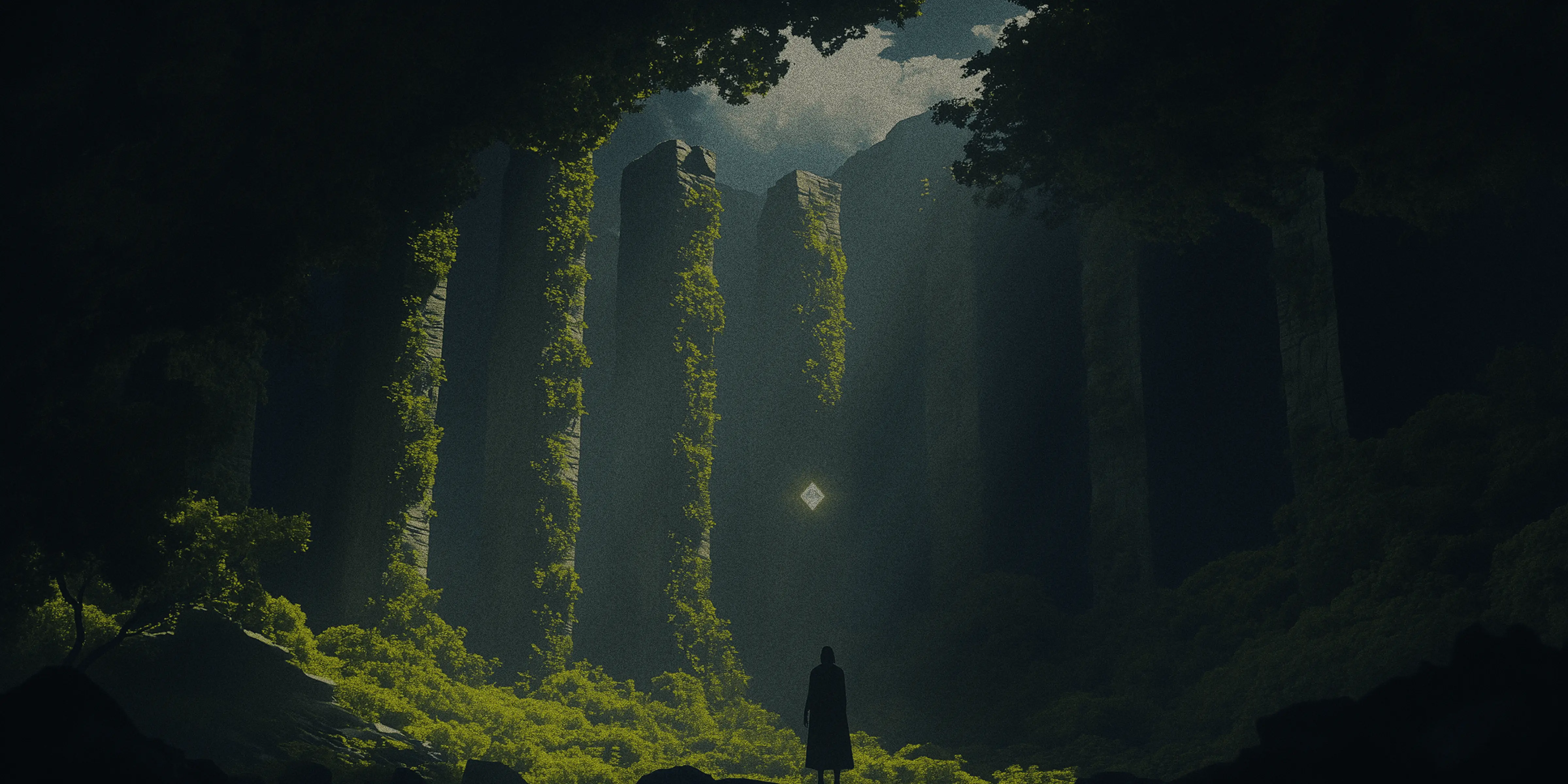 a guy staring at green columns